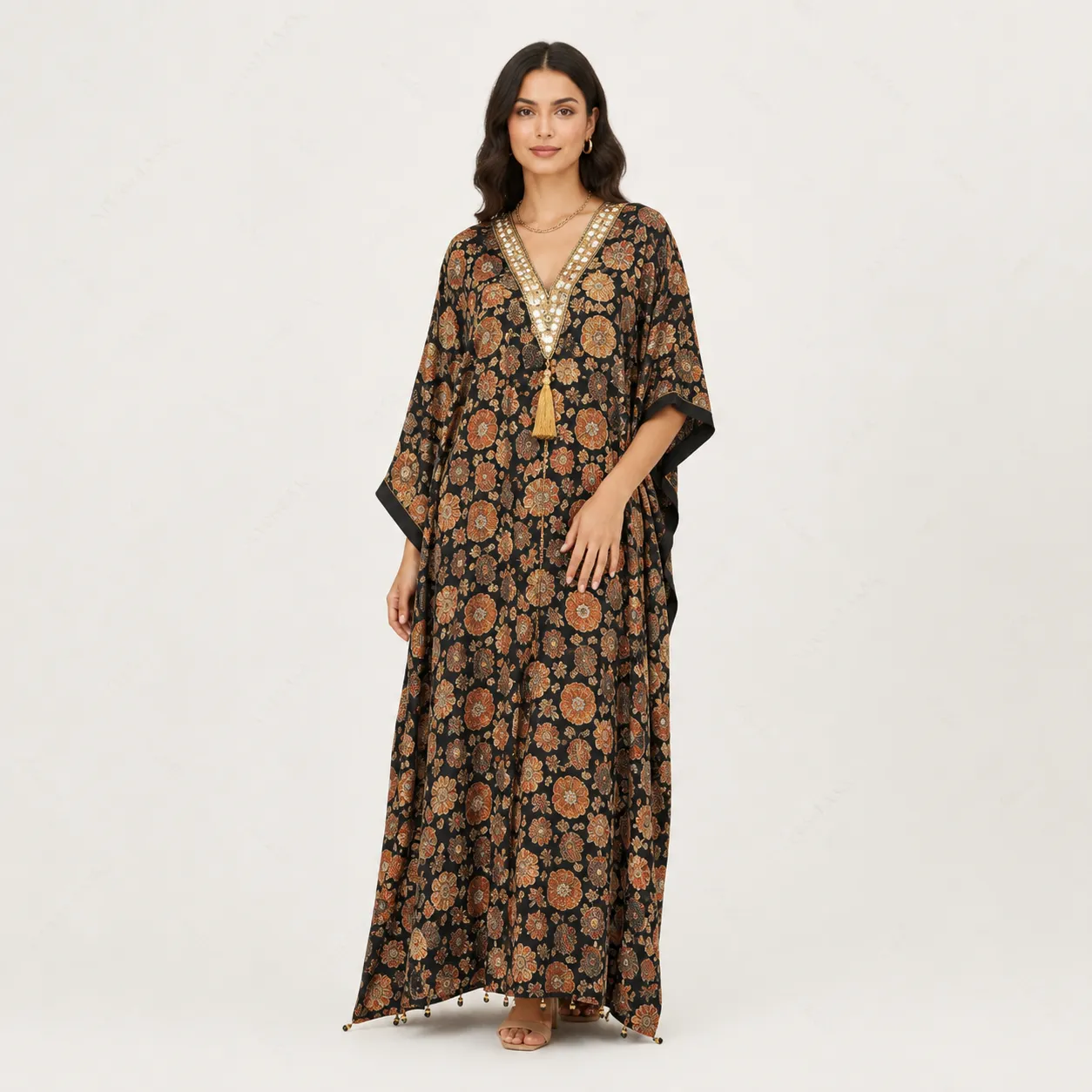Embroidered Floral Long Kaftan with Mirror Work